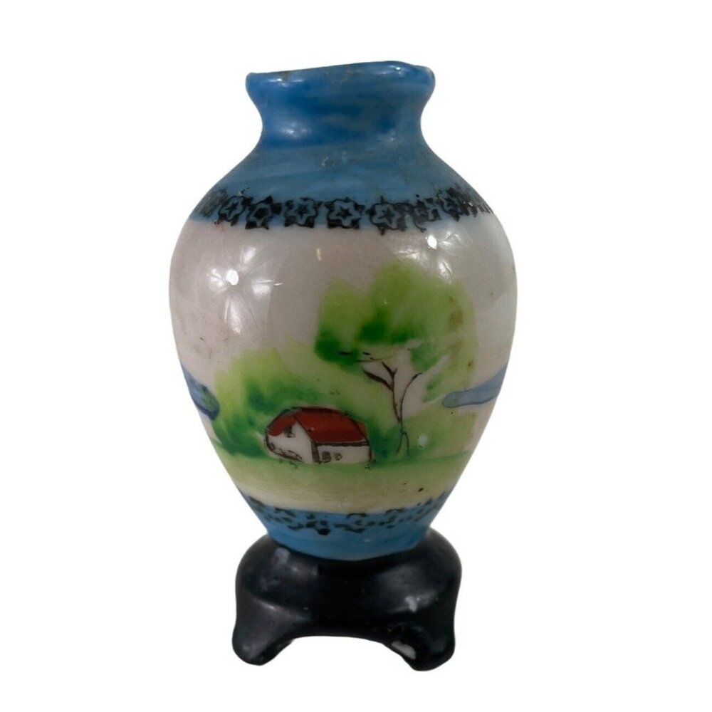 Vintage Occupied Japan Miniature Footed Porcelain Bud Vase Urn Country Scene - Picture 1 of 11